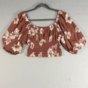 By Together Crop Top M Brown Floral Puff Sleeve Smocked Boho Cottagecore